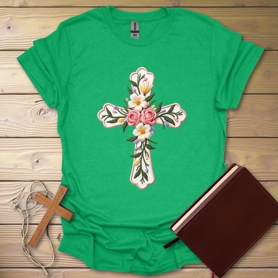 Floral Cross Embroidered T-Shirt Heather Irish Green / S