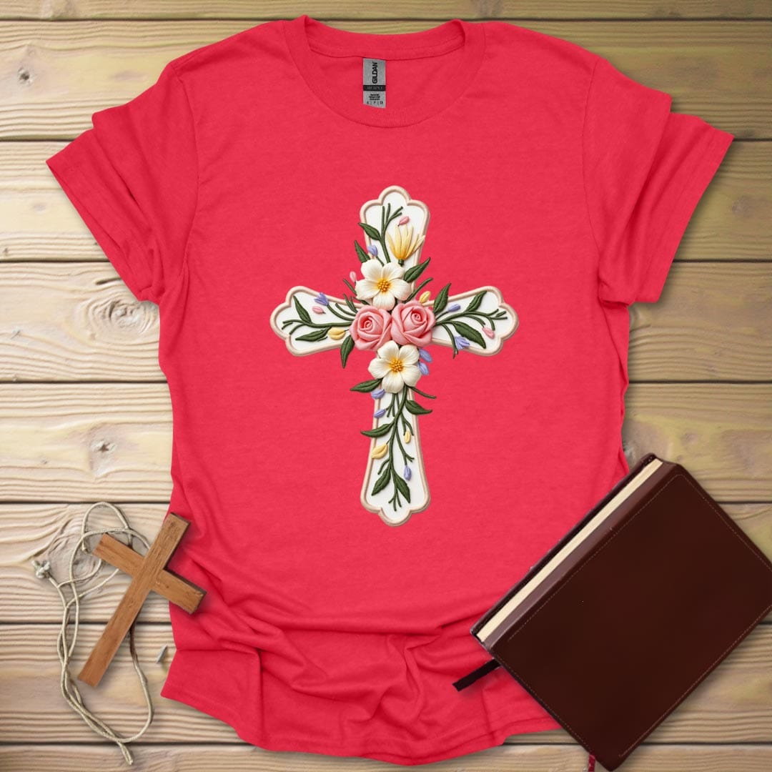 Floral Cross Embroidered T-Shirt Heather Red / S