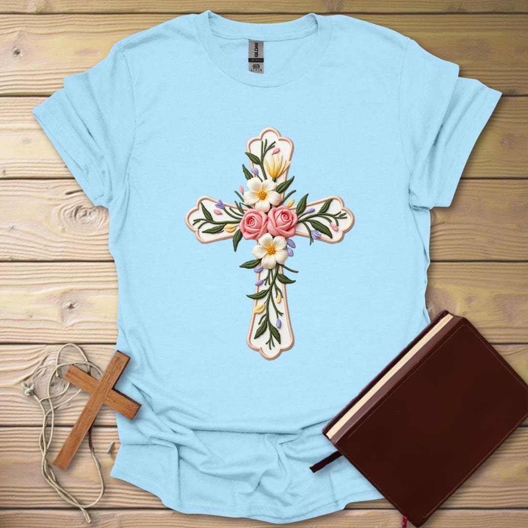 Floral Cross Embroidered T-Shirt Light Blue / S