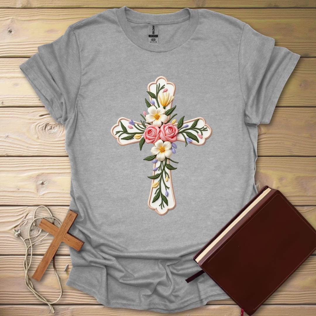 Floral Cross Embroidered T-Shirt Sport Grey / S