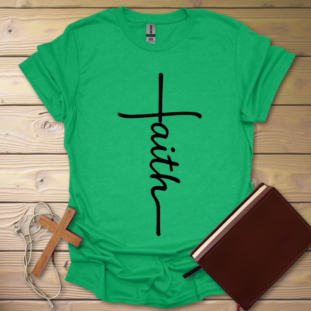 Faith Cross Handwriting T-Shirt Heather Irish Green / S