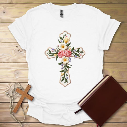 Floral Cross Embroidered T-Shirt White / S